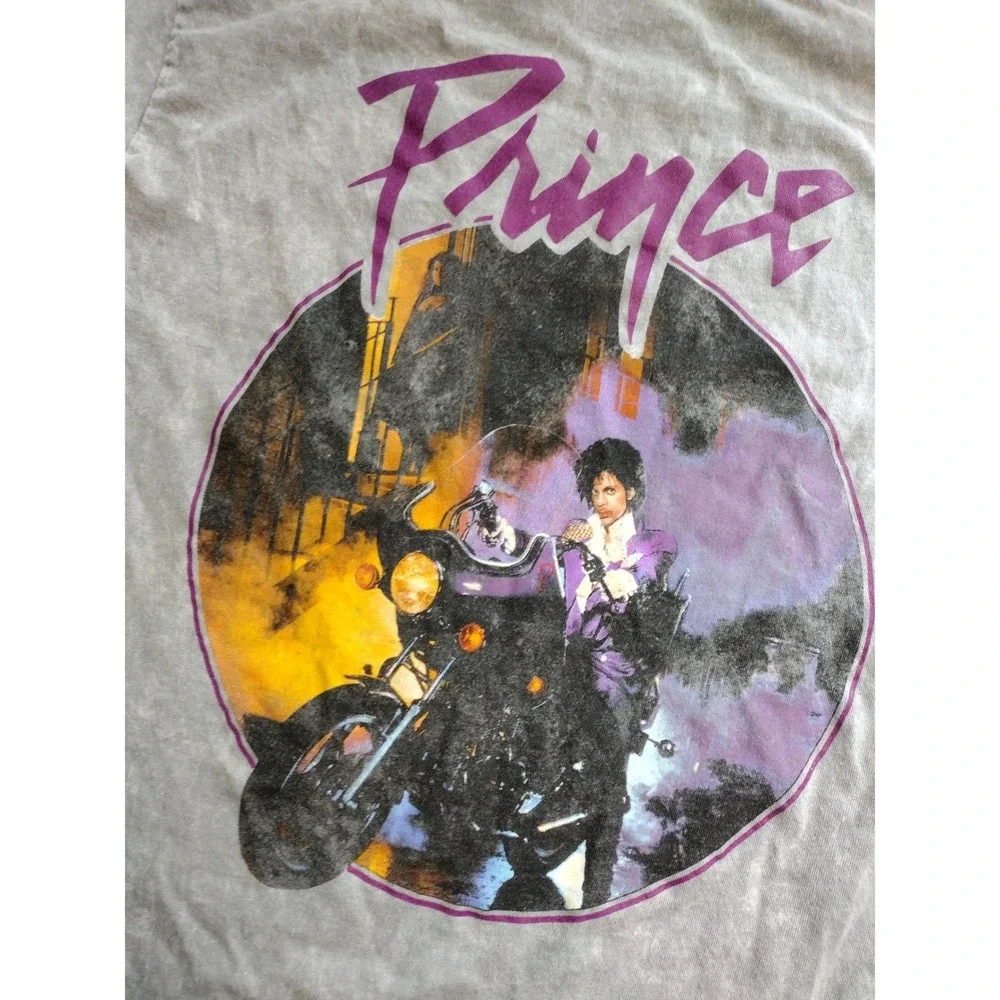 Prince Estate Purple Rain Motorcycle Graphic‎ T-Shirt Grey Acid Wash Mens Medium